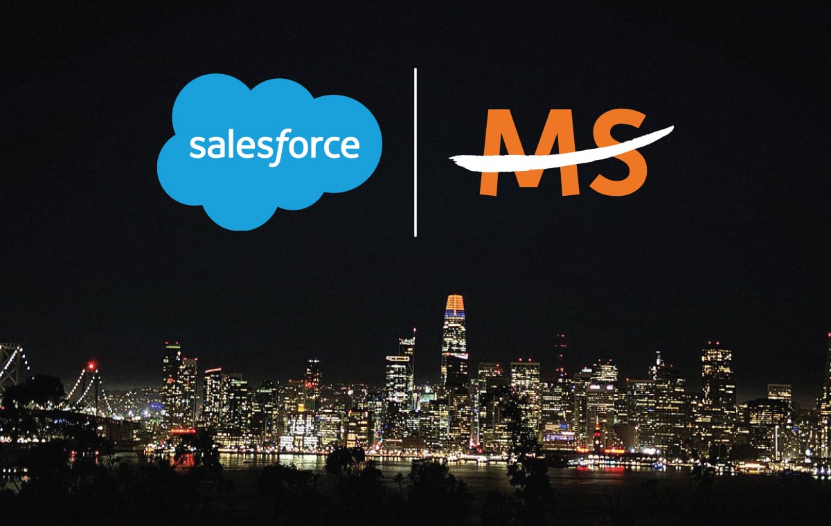 Salesforce and National MS Society logo above a city skyline at night.