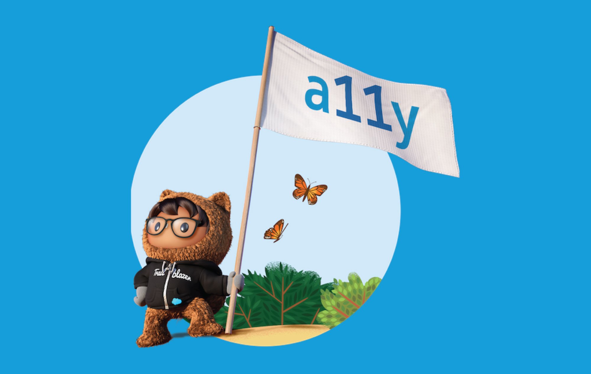 A Salesforce mascot standing and holding an a11y flag on a field of blue.